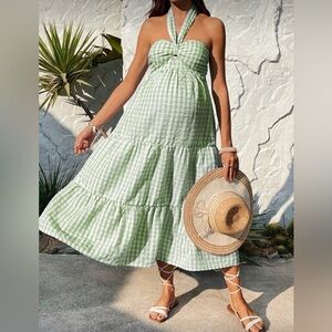 SHEIN Maternity Green Checkered Halter Maxi Dress